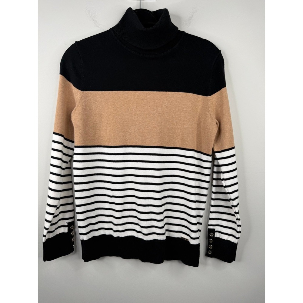 Tommy Hilfiger Womens M Turtleneck Sweater Color Block Stripe Black Camel Gold